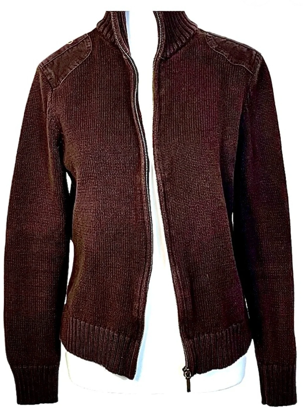 Lauren Ralph Lauren Brown Cotton Full Zip Cardigan Knit Sweater Medium